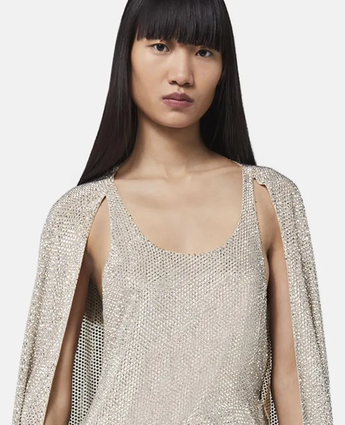 Women Dresses Stella McCartney Crystal Strass Silk Cape Mini Dress Silver