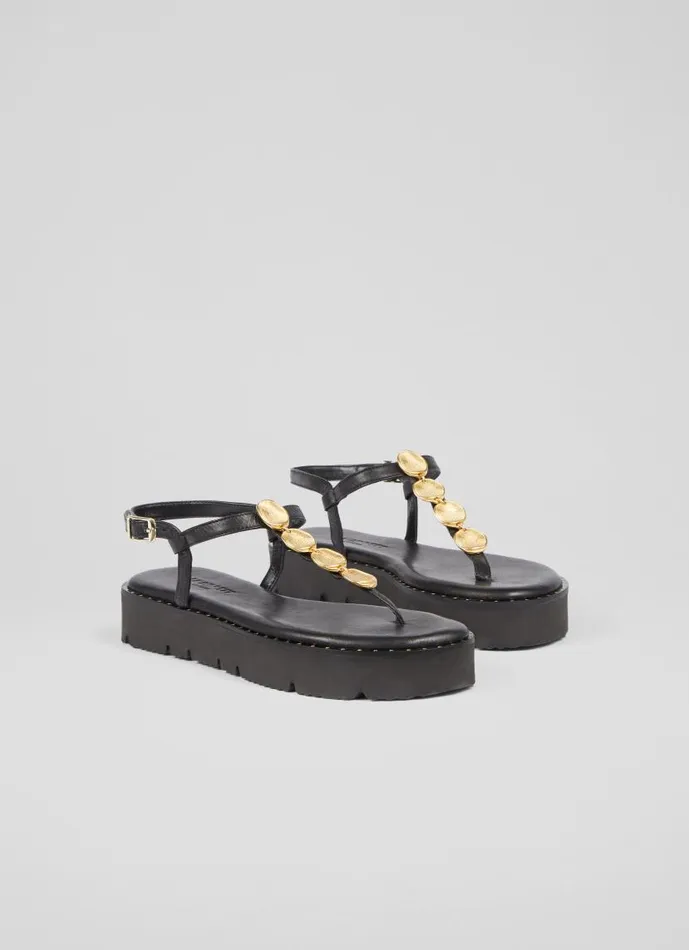 Women Gaia Black Leather Gold Coin Sandals Black LKBennett Sandals