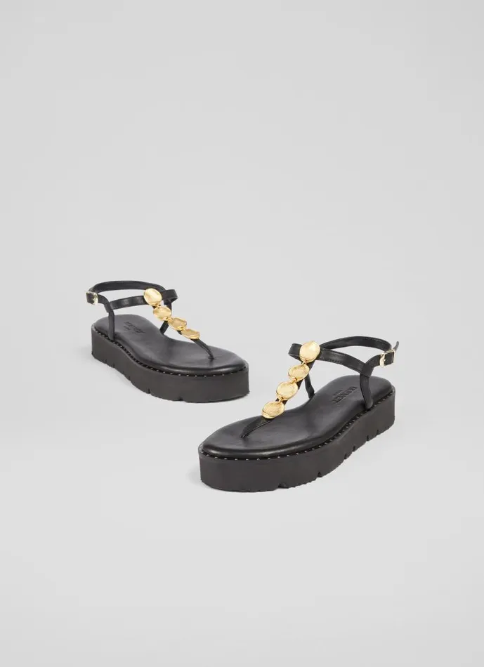 Women Gaia Black Leather Gold Coin Sandals Black LKBennett Sandals