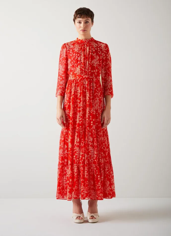 Women Olivia Red And Cream Silk Georgette Maxi Dress Red LKBennett Dresses