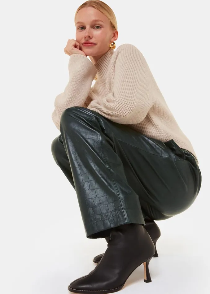 Women Trousers Whistles Dark Green Delia Croc Leather Trouser
