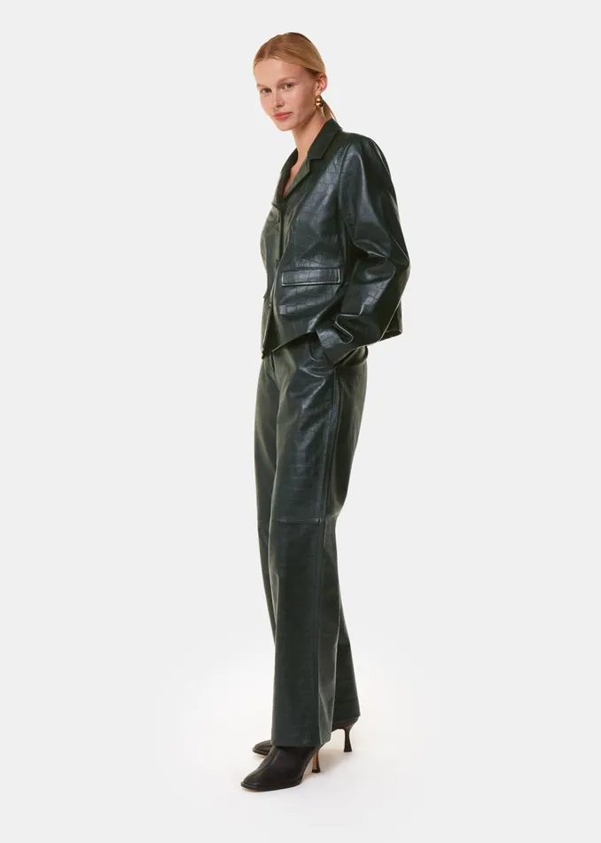 Women Trousers Whistles Dark Green Delia Croc Leather Trouser