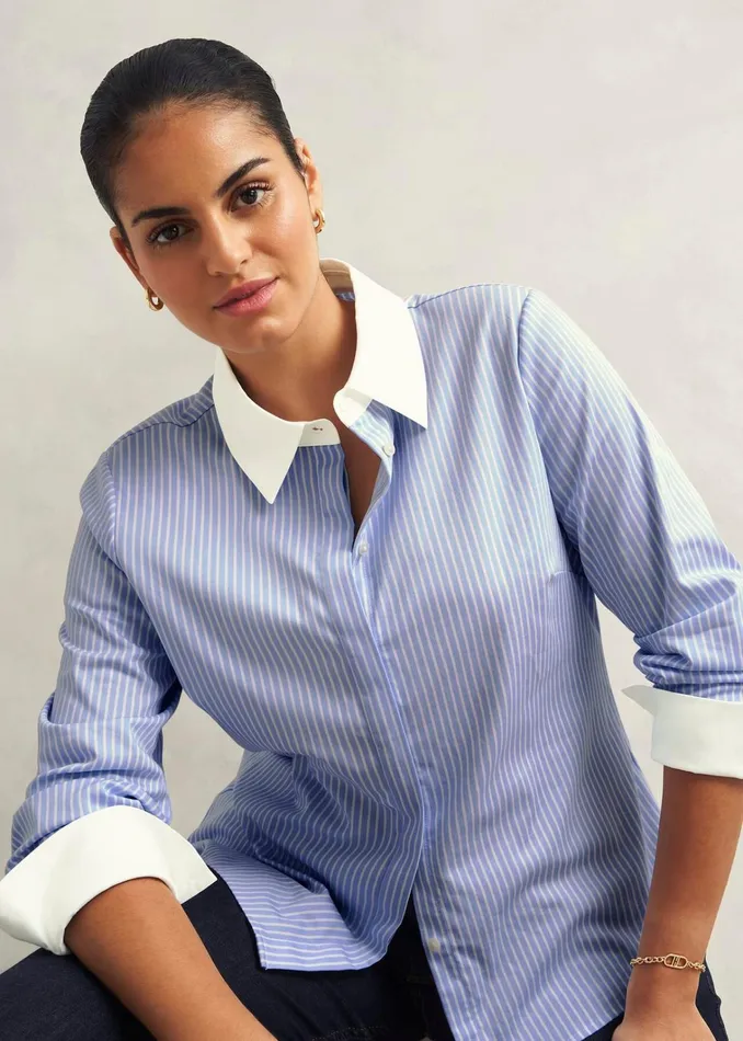 Women Victoria Cotton Blend Shirt Pale Blue White Hobbs Tops