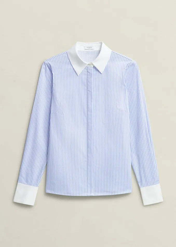 Women Victoria Cotton Blend Shirt Pale Blue White Hobbs Tops