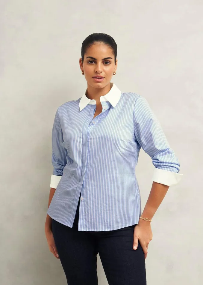 Women Victoria Cotton Blend Shirt Pale Blue White Hobbs Tops