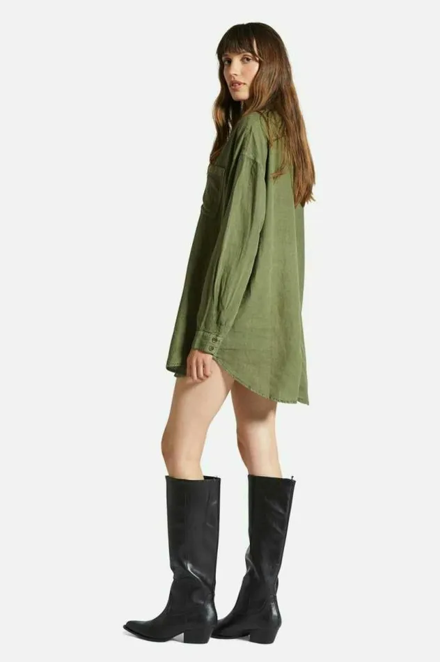 Women Vintage Linen LS Woven Shirtdress Sea Kelp Brixton Tops
