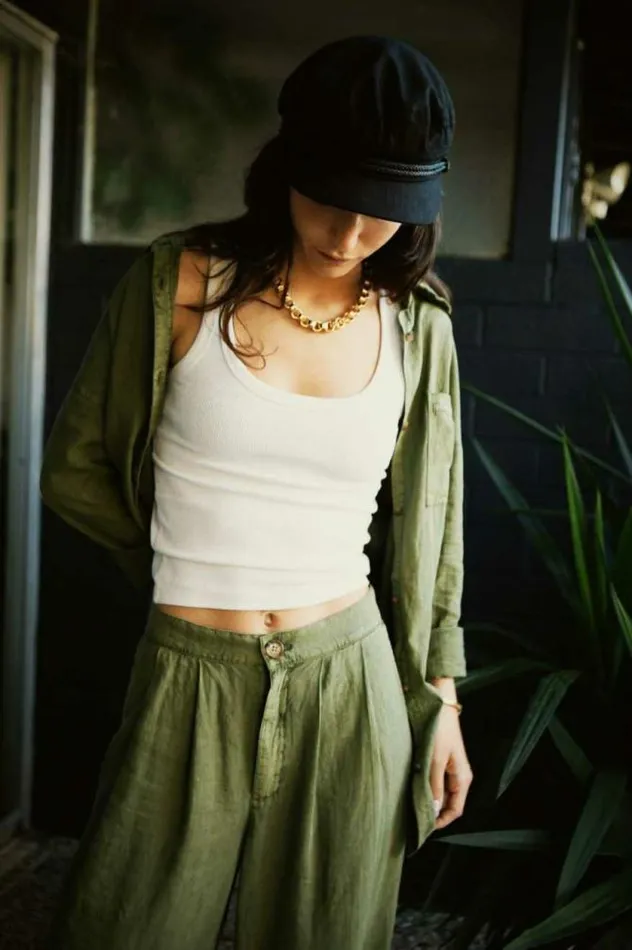 Women Vintage Linen LS Woven Shirtdress Sea Kelp Brixton Tops